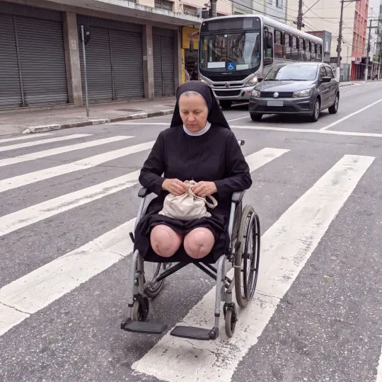 Irmã Rosa atravessando a rua na cadeira de rodas, com as marmitas no colo